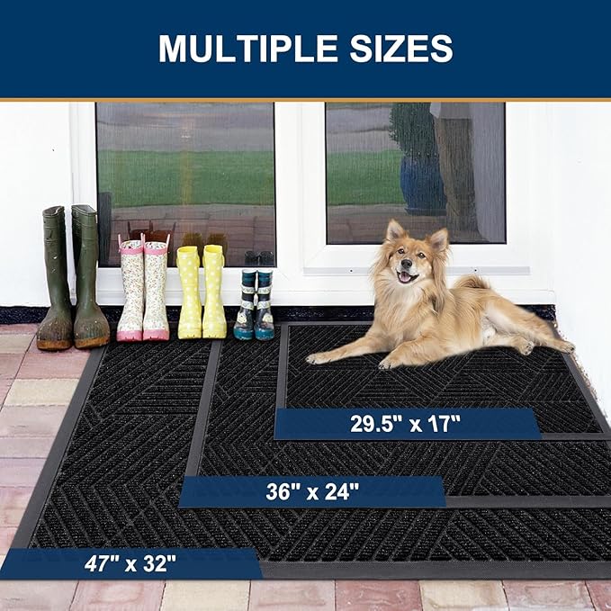 Smiry Front Door Mat Outside Entrance, Heavy Duty Sturdy Natural Rubber Doormat, Trap Dirt and Moisture, Easy Clean Low Profile Welcome Floor Mats for Indoor Outdoor Entry, 59x34 Inch, Black
