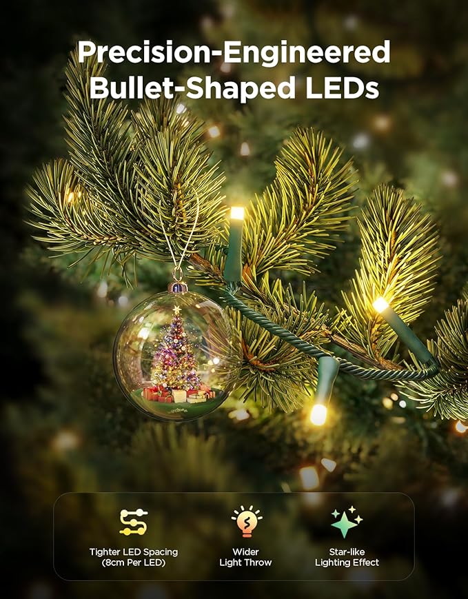 Govee Christmas Sparkle String Lights 66ft, RGBWIC String Lights with 250 Bullet-Head LEDs, App-Controlled, 140+ Scene Modes, 3D Shape Mapping, Music Sync, Works with Alexa, Indoor Holiday Decorations