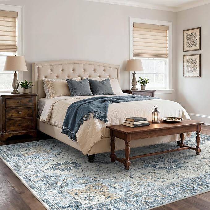 8x10 Area Rugs for Living Room, Machine Washable Non Slip Vintage Rugs, Low Pile Lightweigt Chenille Print Indoor Rug for Bedroom, Dining Room, Home Office, Blue