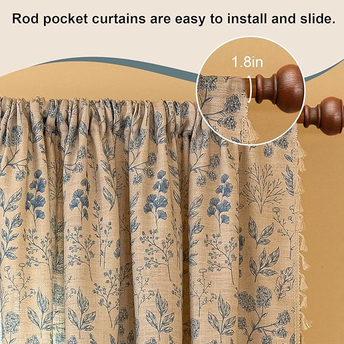 OYX French Beige and Blue Floral Curtains 96 Inch Long 2 Panels for Living Room, Navy Flower Patterned Light Filtering Farmhouse Drapes for Bedroom, Vintage Rustic Country Rod Pocket WindowTreatments