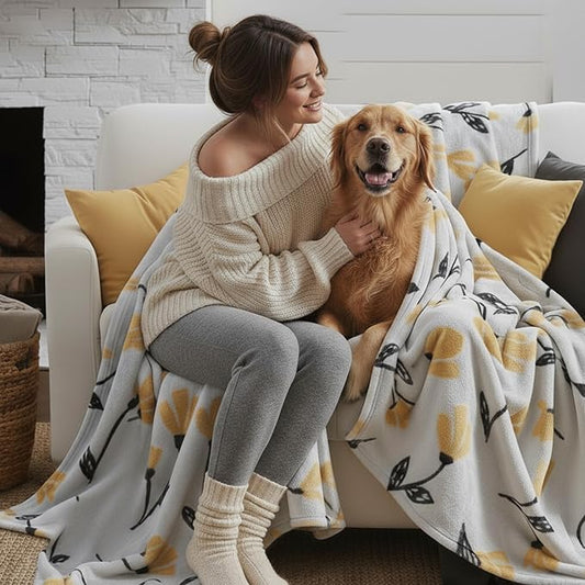 DaDa Bedding Floral Fleece Throw Blanket - Soft Faux Mink Flannel with Yellow Orange Tulips on Grey - Cozy & Elegant Home Decor - 50" x 60"