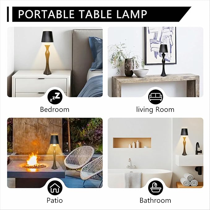 Cordless Table Lamp, Rechargeable Touch Lamp with 5200mAh Battery, 3 Color & Stepless Dimming, IP54 Waterproof Portable Night Light for Bedroom, Camping, Emergency, Ideal Gift for Women, Mom, Birthday