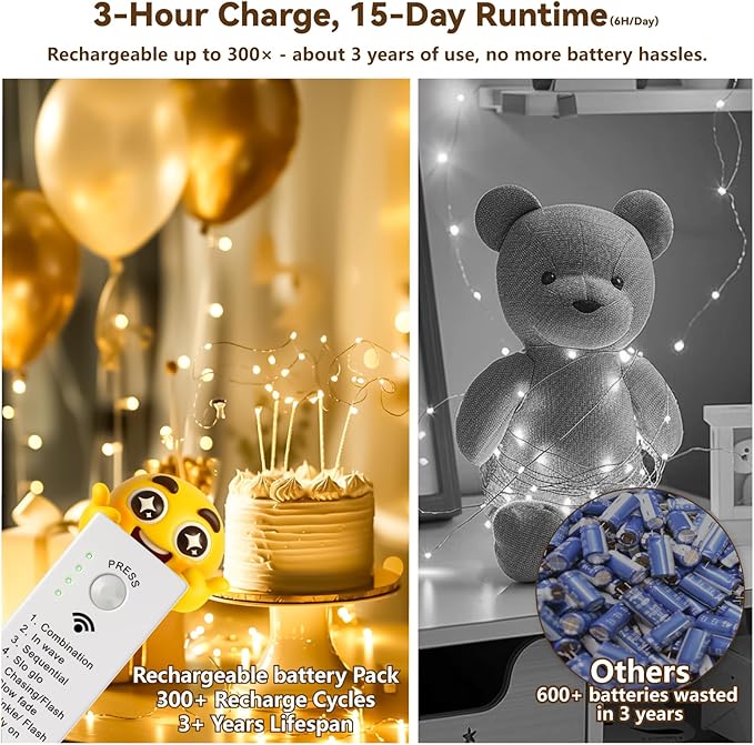 ZSJWL Rechargeable Fairy Lights with DIY Timer & 8 Modes, 2 Pack 16FT 50LED String Lights Battery Operated Indoor, Twinkle mini Lights for Bedroom Christmas Wedding Centerpiece Decor (Warm White)