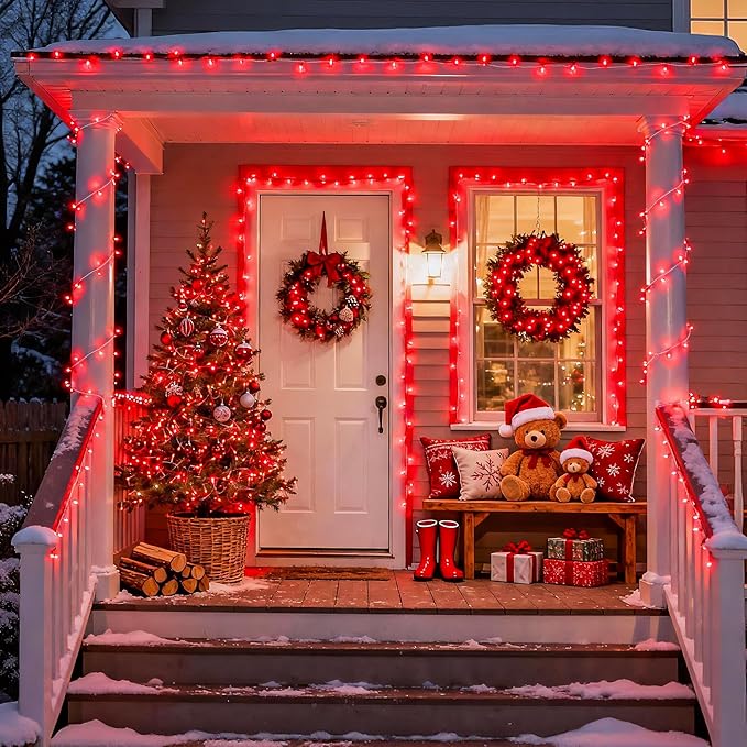JMEXSUSS 500 LED Red Christmas Lights Indoor Outdoor, 163 FT Clear Wire Red Lights Plug in, 8 Modes Christmas Tree Lights Outdoor Waterproof for Xmas Tree Bedroom Room Halloween