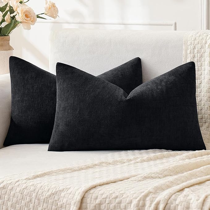 MIULEE Black Couch Pillow Covers 12x20 Inch, Set of 2 Soft Chenille Decorative Lumbar Throw Pillow Covers Farmhouse for Sofa Living Room Bed