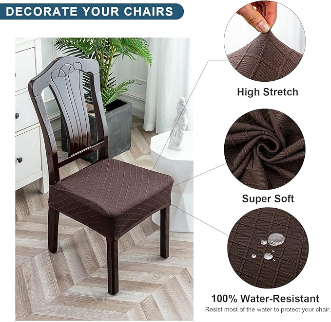 Genina Waterproof Seat Covers for Chairs,Set of 4 Dining Room Chair Seat Covers for Kitchen,Stretch Jacquard Removable Washable Dining Chair Slipcovers Protectors,No Rear Covers, Chocolate