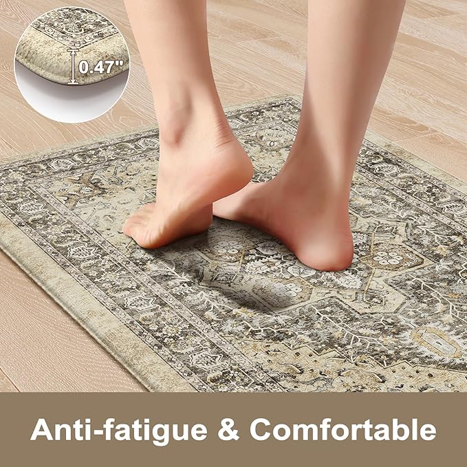 KIMODE Anti Fatigue Kitchen Mats, Boho Distressed Kitchen Floor Mats 20"x59"+20"x32", Non Slip Waterproof Kitchen Rugs, Padded Comfort Standing Mats for Laundry Office Sink Desk Brown
