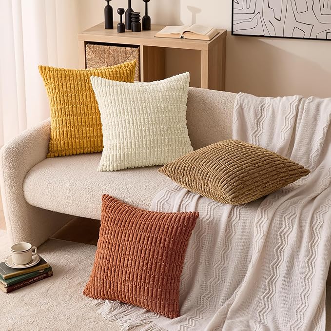 MIULEE Fall Soft Corduroy Throw Pillow Covers Set of 4 Camel 18x18 Inch Modern Farmhouse Boho Decorative Accent Cushion Covers for Couch Sofa Bedroom