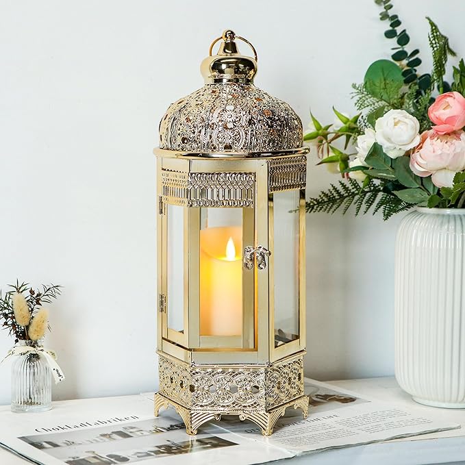 TRIROCKS Moroccan Candle Lantern16'' Gold Hexagonal Candle Holder with Tempered Glass Decorative Indoor Outdoor Ramadan Lantern for Living Room Garden Yard Patio Parties Events (Gold)