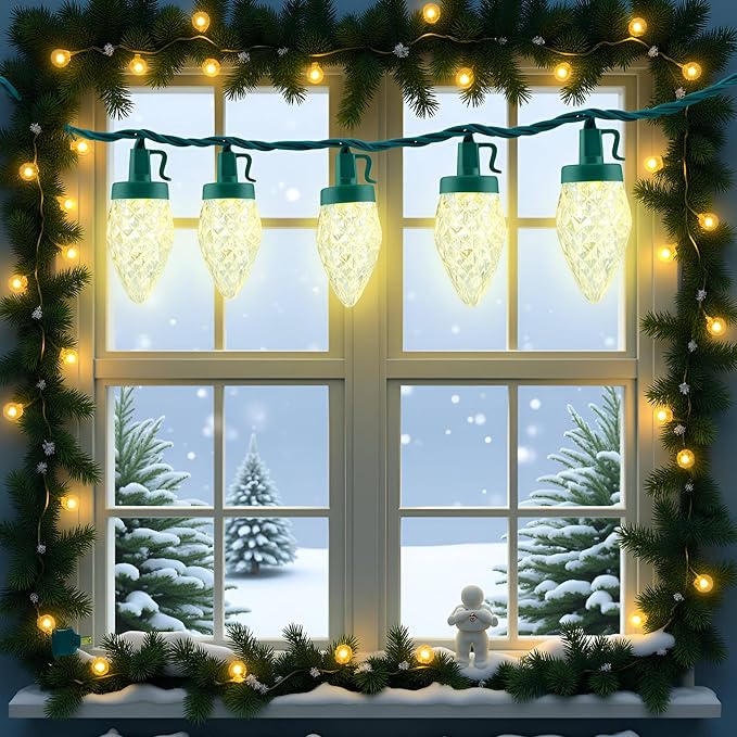 YULETIME Warm White C9 Strawberry LED Christmas Lights, 68 ft 100 Count 8" Spacing High Waterproof Holiday String Light (Warm White - C9)