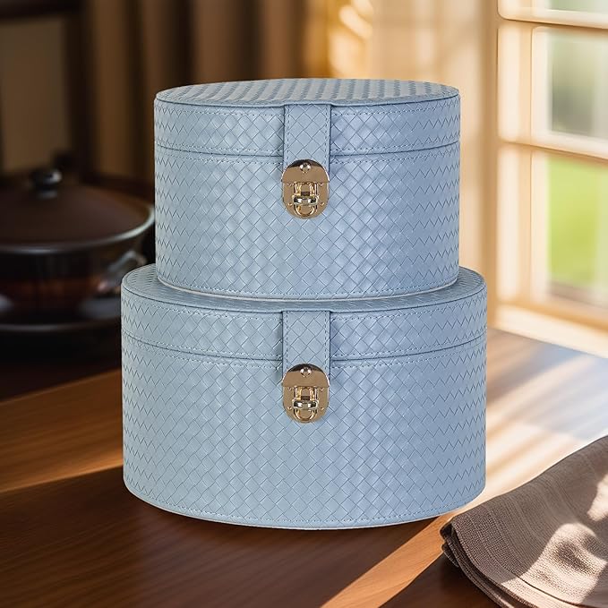 Large Leathe Decorative Boxes Set of 2 Round Hat Box Bin Basket with Lid for Shelf Coffee Table Storage Remotes Modern Home Decor (light blue)