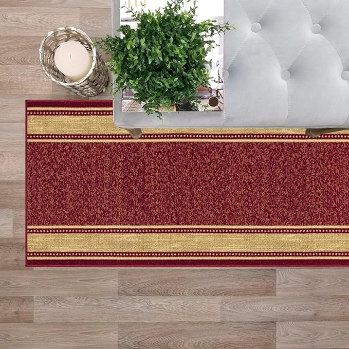 Kapaqua Custom Size Red Gold Beige Bordered Rubber Backed Non-Slip Hallway Stair Runner Rug Carpet 22 inch Wide Choose Your Length 22in X 3ft
