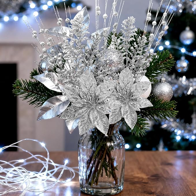 18 Pack Christmas Tree Ornaments Set, 17.5 Inch Silver Fake Christmas Picks Decorations with 2 Styles, Artificial Glitter Berry Stem Ornaments for Christmas Tree Wedding Small Vase Wreath Decor