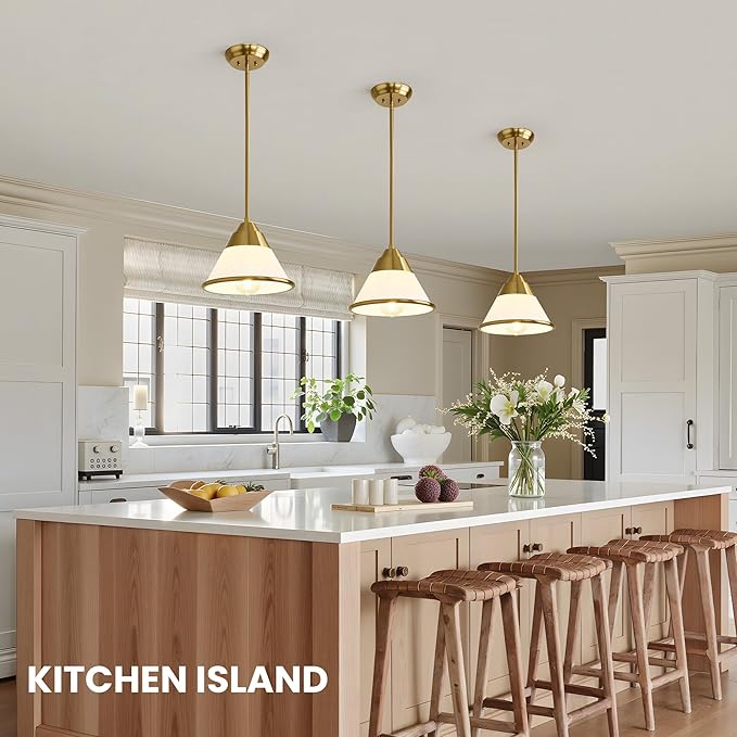Milk Glass Pendant Light Fixture for Kitchen Island, 9.4" Gold Vintage Chandelier with Adjustable 6 Hanging Poles Pendant Light for Dining Room, Living Room, Stairway, Hallway, or Entrance