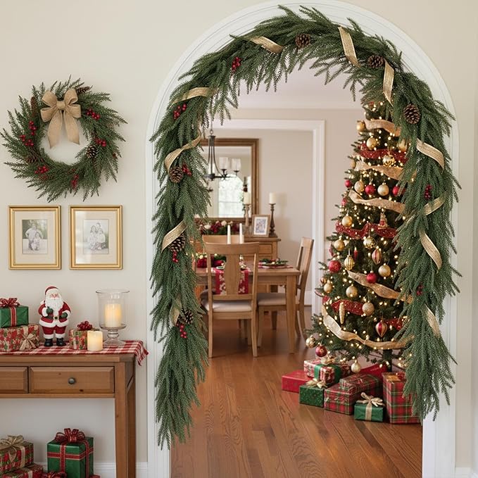 Worth Garden 2PCS 70in UV-Resistant Artificial Norfolk Pine Garlands, 6ft Green PVC Holiday Christmas Garland with Hidden Stem, Indoor Outdoor Rustic Mantel Staircase Porch Décor