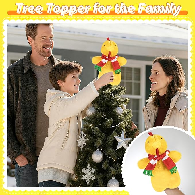 Eyourlife 12 in Chicken Christmas Tree Topper,Cute with Red Scarf Plush Stuffed Yellow Chicken Tree Top, Winter Farm Chicken Tree Toppers Decor for Xmas Party Home Indoor/Outdoor Tree Tops Decoration