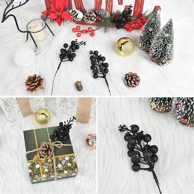Lvydec 16pcs Christmas Glitter Berry Stems, 7.8" Artificial Christmas Picks for Christmas Tree Ornaments, DIY Xmas Wreath, Crafts, Holiday and Home Decor (Black)