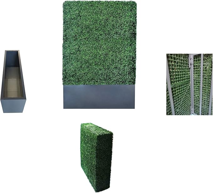 AGPL Upgraded Artificial Boxwood Hedge Wall with Dark Gray Stainless Steel Planter Box (79" Height 48" Width 12" Deep) Room Divider and Privacy Wall (79)