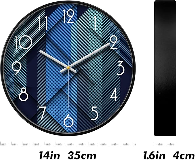 Modern Wall Clocks Battery Operated Blue Wall Analog Silent Clock Large Display Minimalist Round Quiet Non-ticking Cool Unique Wall Clocks for Living Room Bedroom Kitchen Office Bathroom Decor 14inch