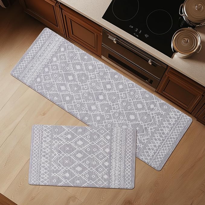 FRESHMINT Anti Fatigue Kitchen Mats for Floor 2 Piece Set, Waterproof & Non-Skid Moroccan Geo Kitchen Rugs, Cushioned Kitchen Mat for Standing Washable Comfort Desk Kitchen Runners, 17x30''+17x47''