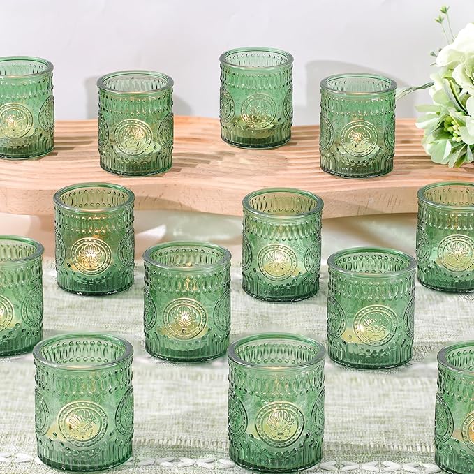 36 Pcs Green Votive Candle Holders, Glass Tea Light Candle Holders for Wedding Centerpiece, Table Centerpiece, Home and Party Decorations