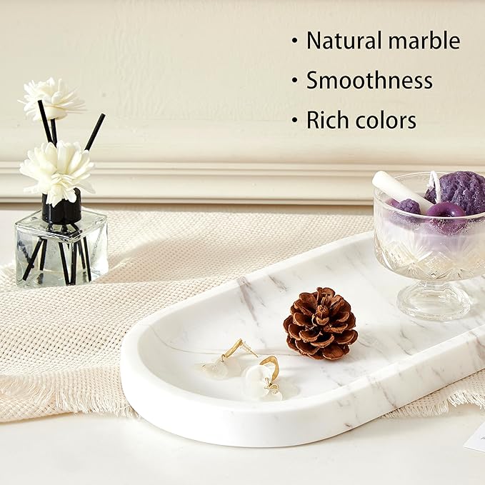 Denique Natural Marble Bathroom Tray, 12"x6" Vanity Tray White Marble Decorative Tray, Countertop Organizer for Perfume & Candles, Jewelry Dish Ring Holder for Bathroom Counter, Vanity, Dresser