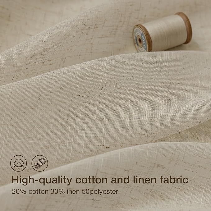 Anmao Natural Linen Curtains for Living Room 72 Inch Length 2 Panels Set, Light Filtering Semi Sheer Window Curtain Drapes for Bedroom with Curtain Rings and Clips, 52 Inch Wide Each Panel, Linen