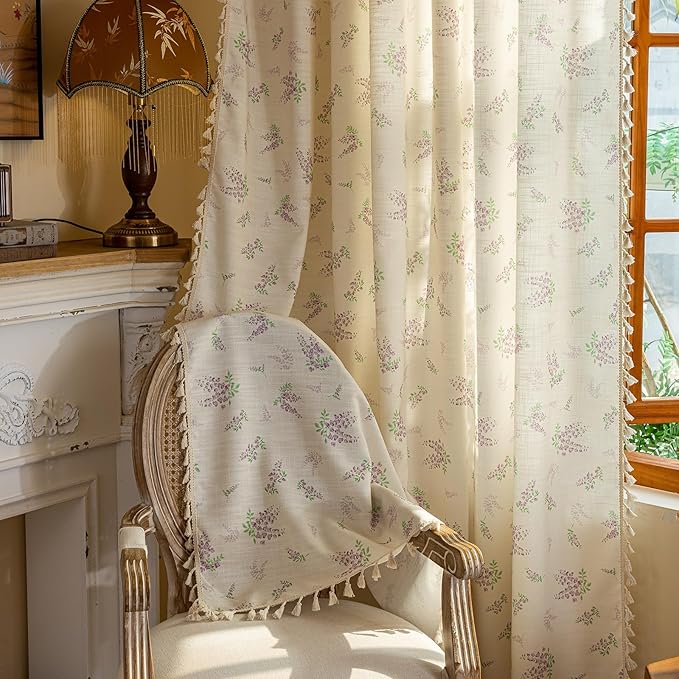 OYX Purple Boho Floral Curtains 84 Inch Length 2 Panels for Living Room, Bedroom Light Filtering Drapes, Farmhouse Country French Rustic Tassels Patterned Rod Pocket Aesthetic Decor Window Treatments