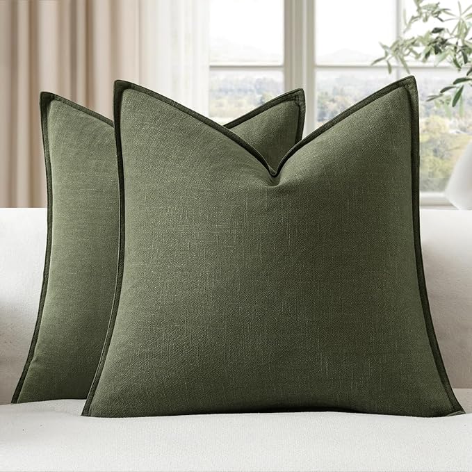 EMEMA Decorative Linen Throw Pillow Covers 18x18 Inch Dark Olive Green Boho Farmhouse Neutral Couch Throw Pillows for Bed Pack of 2 Accent Pillowcase Modern Sofa Cushion Livingroom Home