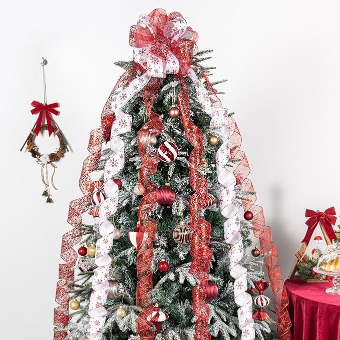 Red and White Snowflake Glitter Topper Bow for Christmas Tree 11 Inch Topper Bow with 6 Ribbons 3 Yards Long Each Tails Christmas Tree Ribbon Bows Elegant Holiday Décor