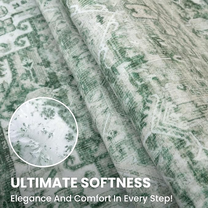 2x6 Runner for Hallways, Sage Green Non-Slip Printed Washable Kitchen Runner, Vintage Boho Rug with Non-Shedding, Soft Medallion Floor Carpet for Laundry Bedroom Entryway