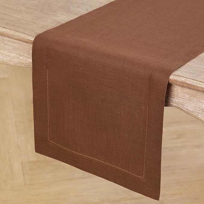Solino Home Linen Brown Table Runner 90 Inches Long - 100% Pure Linen Hemstitch 14 x 90 Inch Table Runner for Dining - Classic Hemstitch