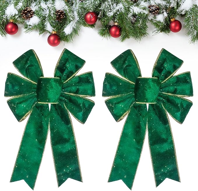 2 Pieces Christmas Green Velvet Bows for Wreath, Xmas Wreath Bows Winter Holiday Craft Tree Topper Bows for Front Door Christmas Party Decorations