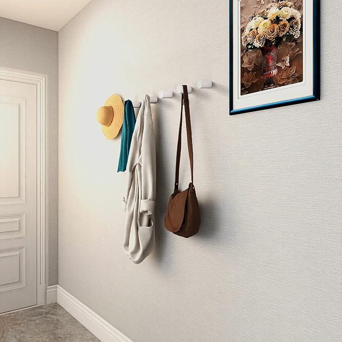12 Pack Wood Wall Hooks, Modern Decorative Coat Hooks Wall Mounted, Handmade White Hat Hooks Heavy Duty Entryway Wall Hangers for Hanging Towels Robes Purses (White)