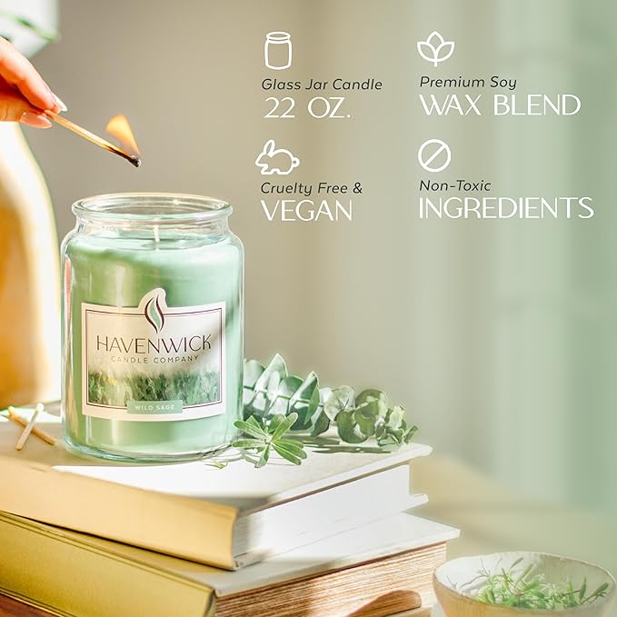 Havenwick Wild Sage Soy Blend 22-oz Large Jar Candle, Long Lasting 110-130 Hour Burn Time with Single Cotton Wick, Relaxing Scented Candles for New Home Gift & Housewarming Parties