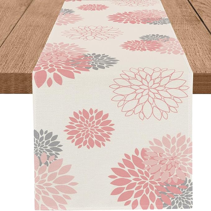 Pink Grey Table Runner Dahlia Flower Beige Burlap Table Runners Modern Elegant Pompon Farmhouse Table Center Decor for Home Kitchen Dining Party Patio (13x36 Inch)