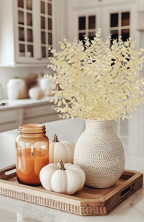 5 Stems Artificial Fall Greenery – 14.6" Eucalyptus Leaf Stems for Autumn Floral Arrangements, Thanksgiving Centerpieces, Fall Decor Bouquets, Soft Cream
