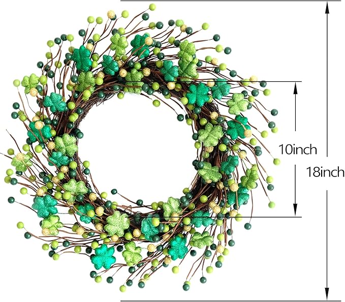 Bibelot ST Patrick’s Day Green Glitter Leaves Wreath, Spring Holiday Party Shamrock Clover Leaf Wreath for Front Door, Green Decoration for Inside and Outside Use