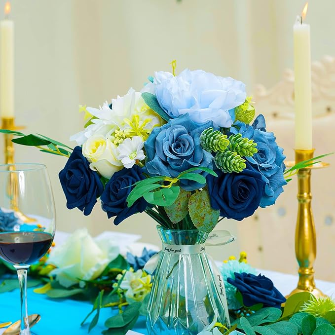 Artificial Flowers Combo Box Set,Silk Fake Flowers Roses Bridal Bouquets Out/Indoor DIY Centerpieces White Flowers for Decoration Arrangements Party Baby Shower Home Cake Decor (White&Blue)