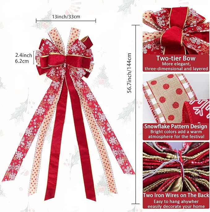 RECUTMS Red Christmas Bows Tree Topper Christmas Bow Wreaths with Snowflake Patterns Big Winter Xmas Bows for Holiday Party Seasonal Wreath Outdoor Indoor Xmas Decorations