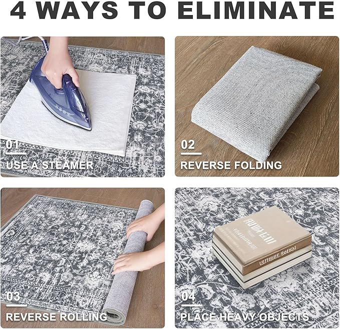 KILOCOCO Area Rug 5x7 Living Room Rug Washable Printed Vintage Floral Non Slip Soft Rubber Backed Indoor Bedroom Rugs for Laundry Room Kitchen Playroom Moroccan Area Rugs, Grey