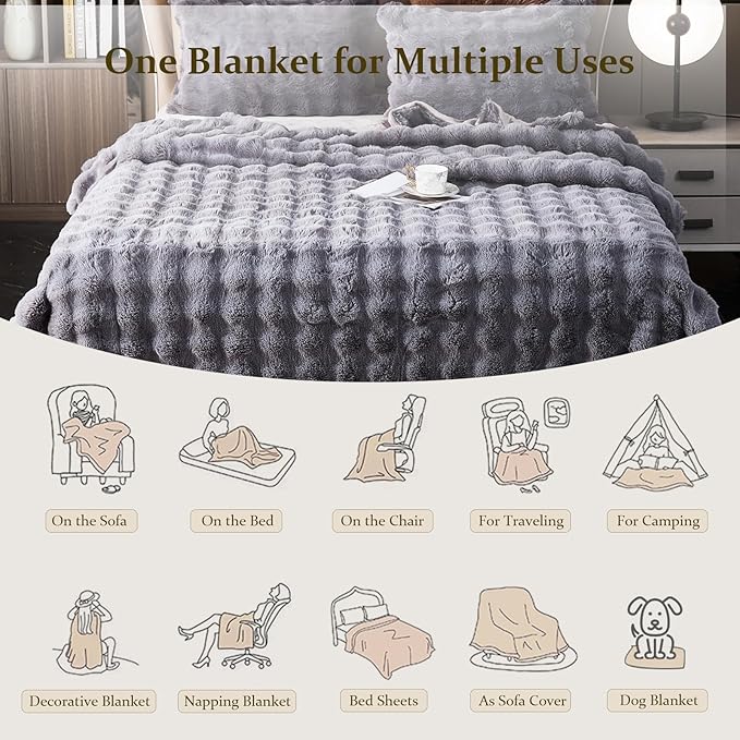 Soft Fluffy Blanket - Fuzzy Throw Blanket for Couch, Plush Rabbit Faux Fur Blanket, Cute Cozy Blankets for Women, Warm Thick Big Bubble Blankets for Bed Sofa Bedroom Living Room - 90"x98" Queen