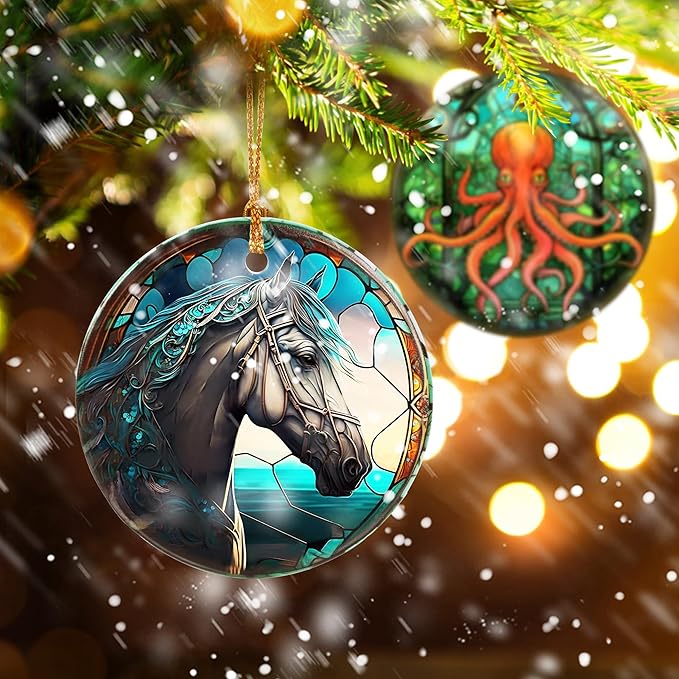 Touber Horse Ornament, Christmas Decoration, Holiday Present Idea, Heirloom Keepsake, Round Ceramic, Bauble Present, Horse