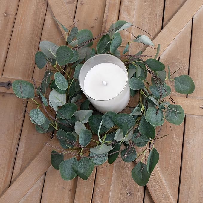 idyllic Eucalyptus Leaves Wreath Metal Polyester Fabric Paper Round Green Wreath 14 Inches for The Front Door Décor, 2 Packs