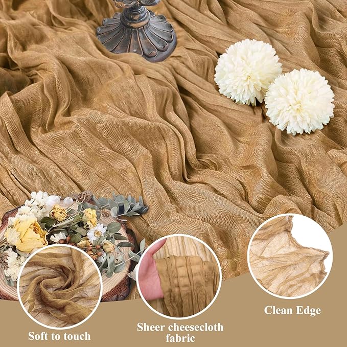 Asee'm 12pcs Cheesecloth Table Runner 120 Inches Long Khaki Boho Gauze Cheese Cloth Runner 10FT Rustic Sheer Table Runners for Christmas Wedding Party Baby Shower Spring Easter Decoration