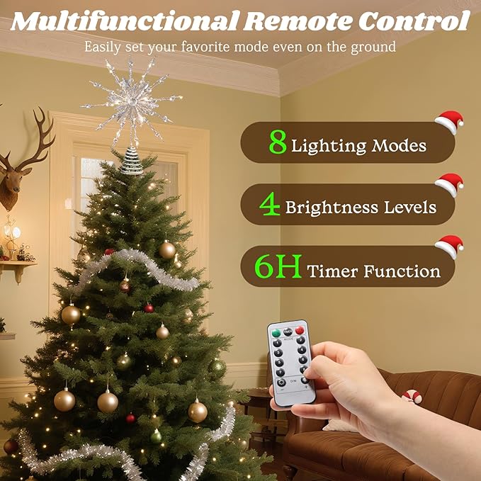Lewondr Christmas Tree Topper, 12.2'' Metal Xmas Star Tree Topper with 20 LED Bulbs, USB Powered Glittered 12-Pointed Treetop for Christmas Ornaments, Remote Control, 6H Timer, 8 Light Modes, Silver