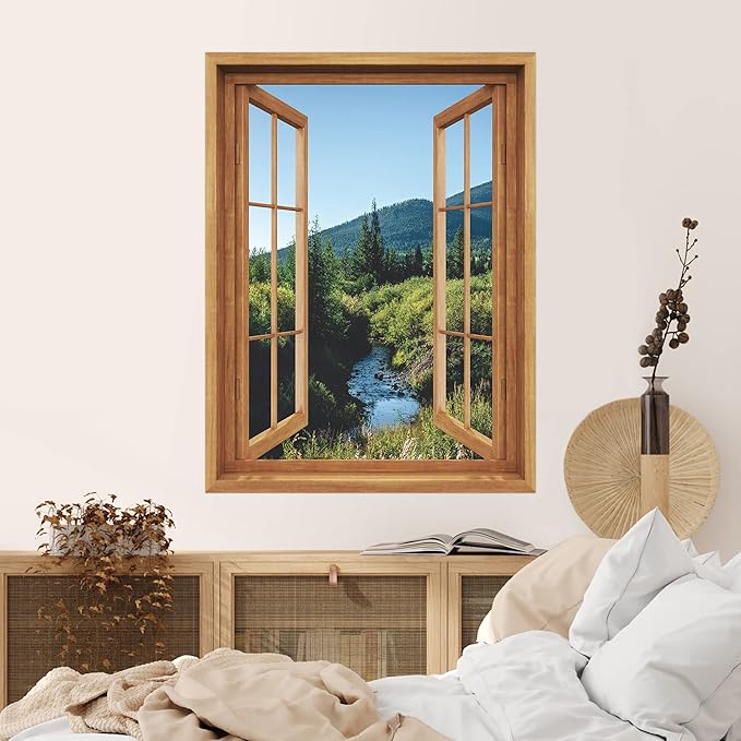 SIGNWIN Removable Wall Sticker/Wall Mural Window View Montana Mountain Range Forest Nature Wilderness Photography Realism Decorative Landscape Digital Art for Living Room, Bedroom, Office - 36"x48"