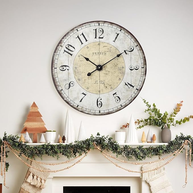 MODE HOME 24 Inch Large Wall Clock, Rustic Round Farmhouse Wall Clocks for Living Room Decor, Silent Non-Ticking Battery Operated Clock with Large Numerals, Vintage Oversized Decorative Wall Clock
