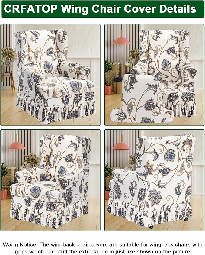 CRFATOP 2 Piece Stretch Wingback Chair Cover with Skirt Printed Wing Chair Slipcovers Spandex Fabric Wingback Armchair Covers with Cushion Slipcover for Living Room Bedroom Wingback Chair,C11