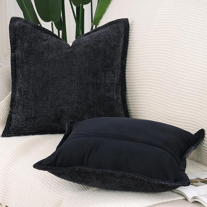 MADIZZ Chenille Velvet Throw Pillow Covers with Flange Set of 2 Super Soft Boho Textured Pillow Covers Decorative Throw Pillowcases Modern Farmhouse Home Decor for Sofa Bedroom Black 18x18 Inch